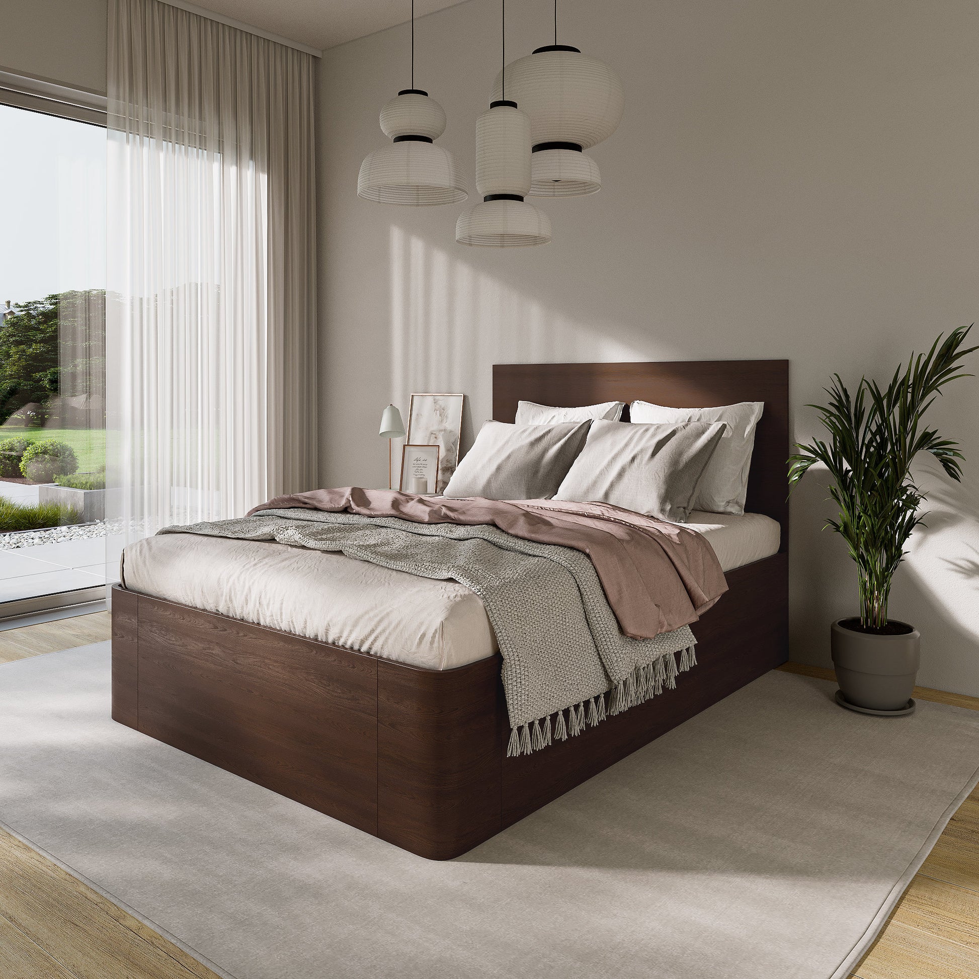 Modern bedroom with a wooden lift store bed, white bedding, and decorative pillows.