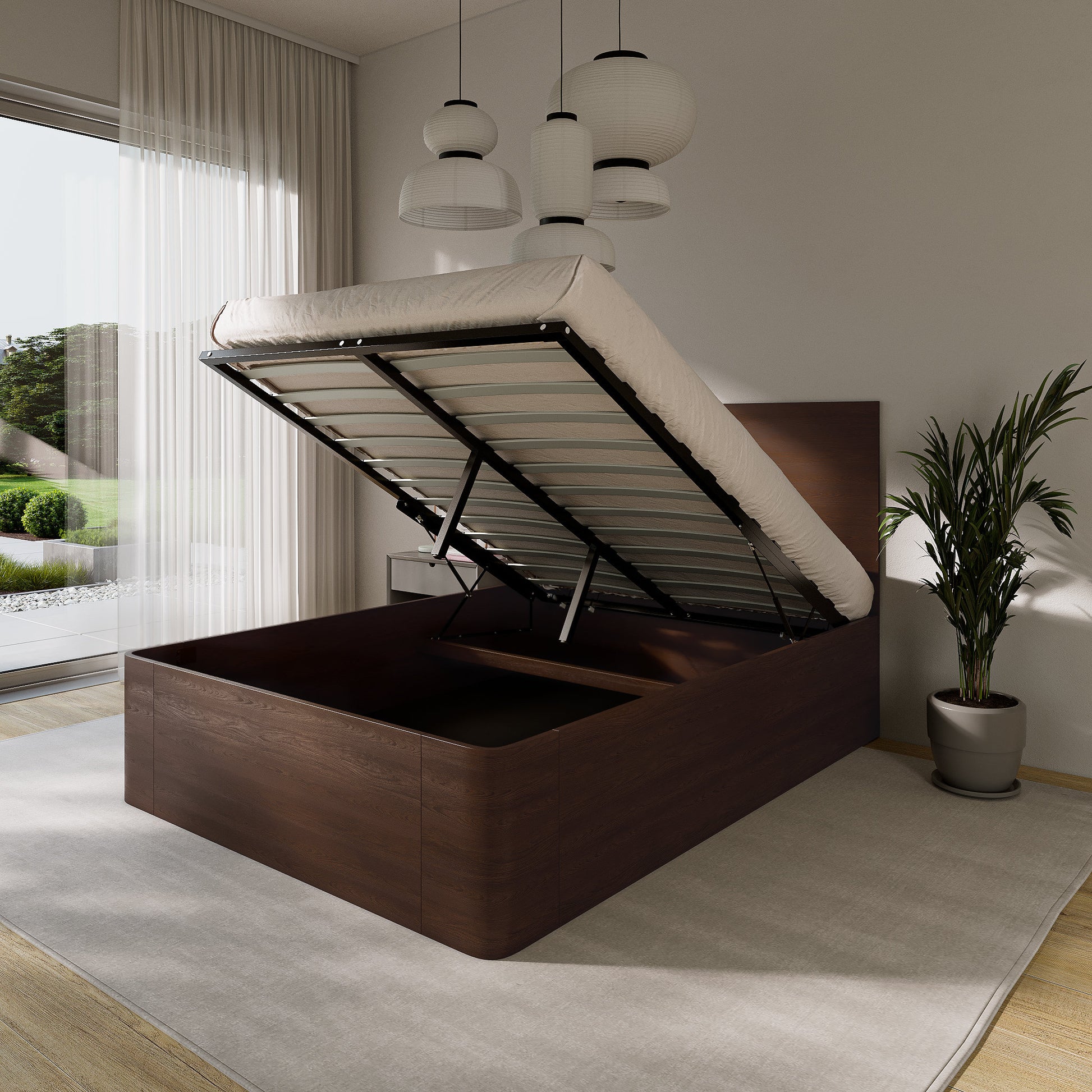 Wooden bed frame with storage compartment in a modern bedroom setting