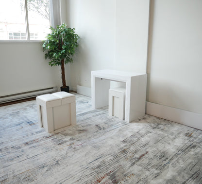 White Mini Scatola showing you can fit 2 under the Junior Giant Console Table