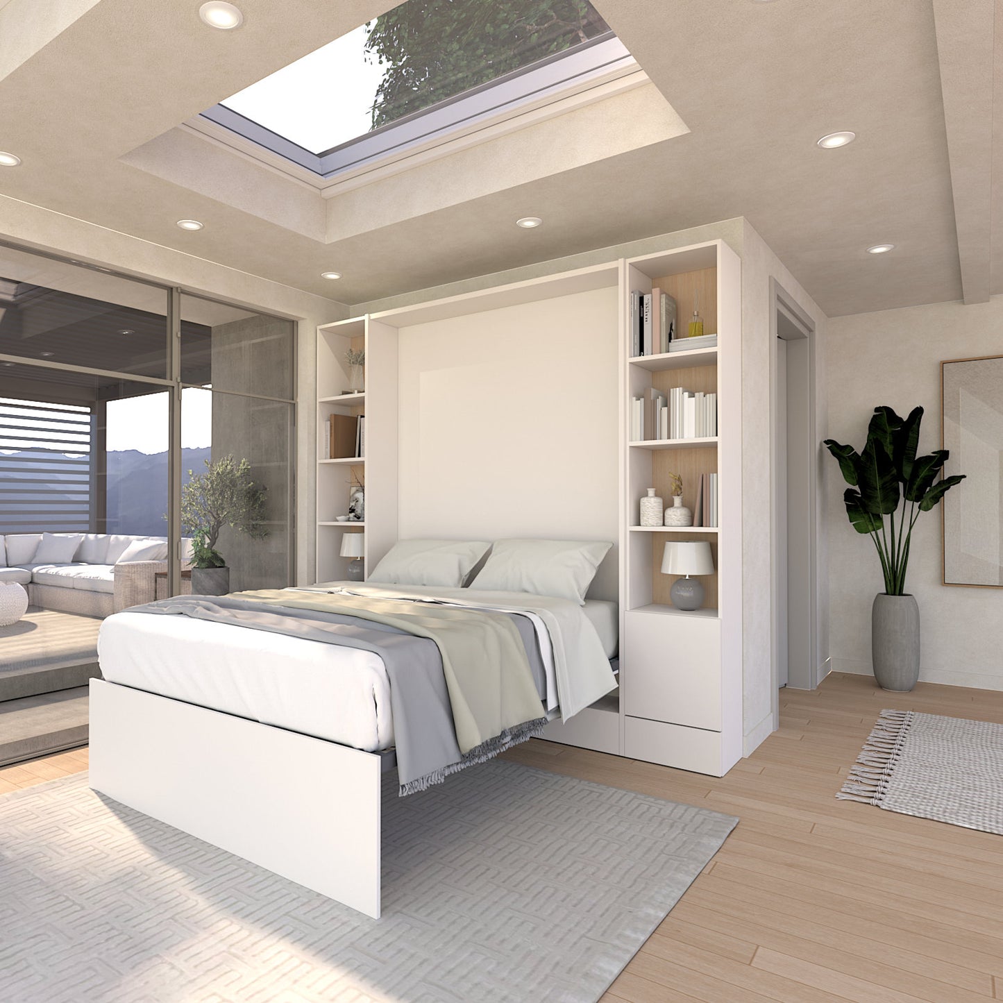 Panel Murphy Bed in White lowered and open in modern apartment