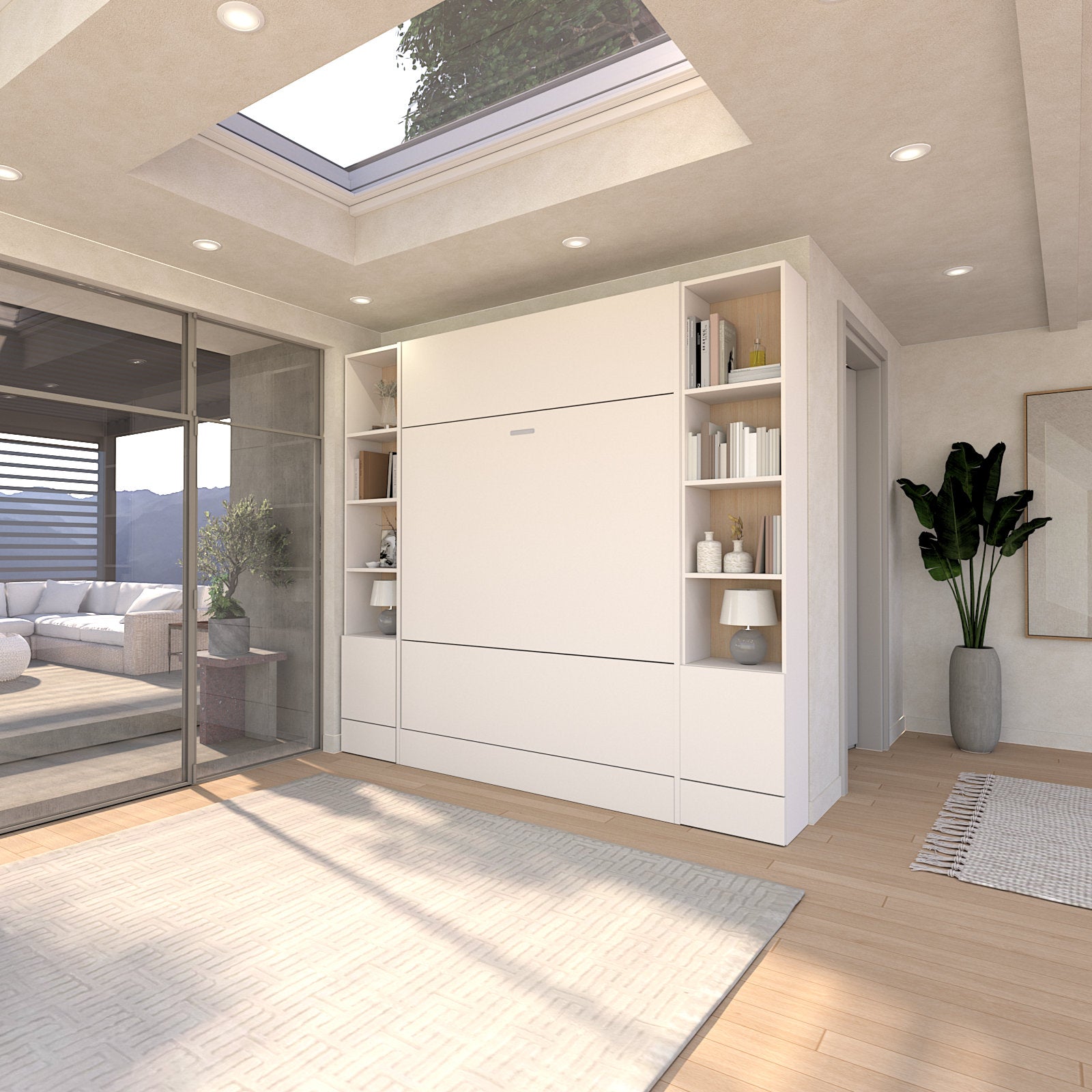 White Panel Murphy Bed raised and compacted in modern apartment