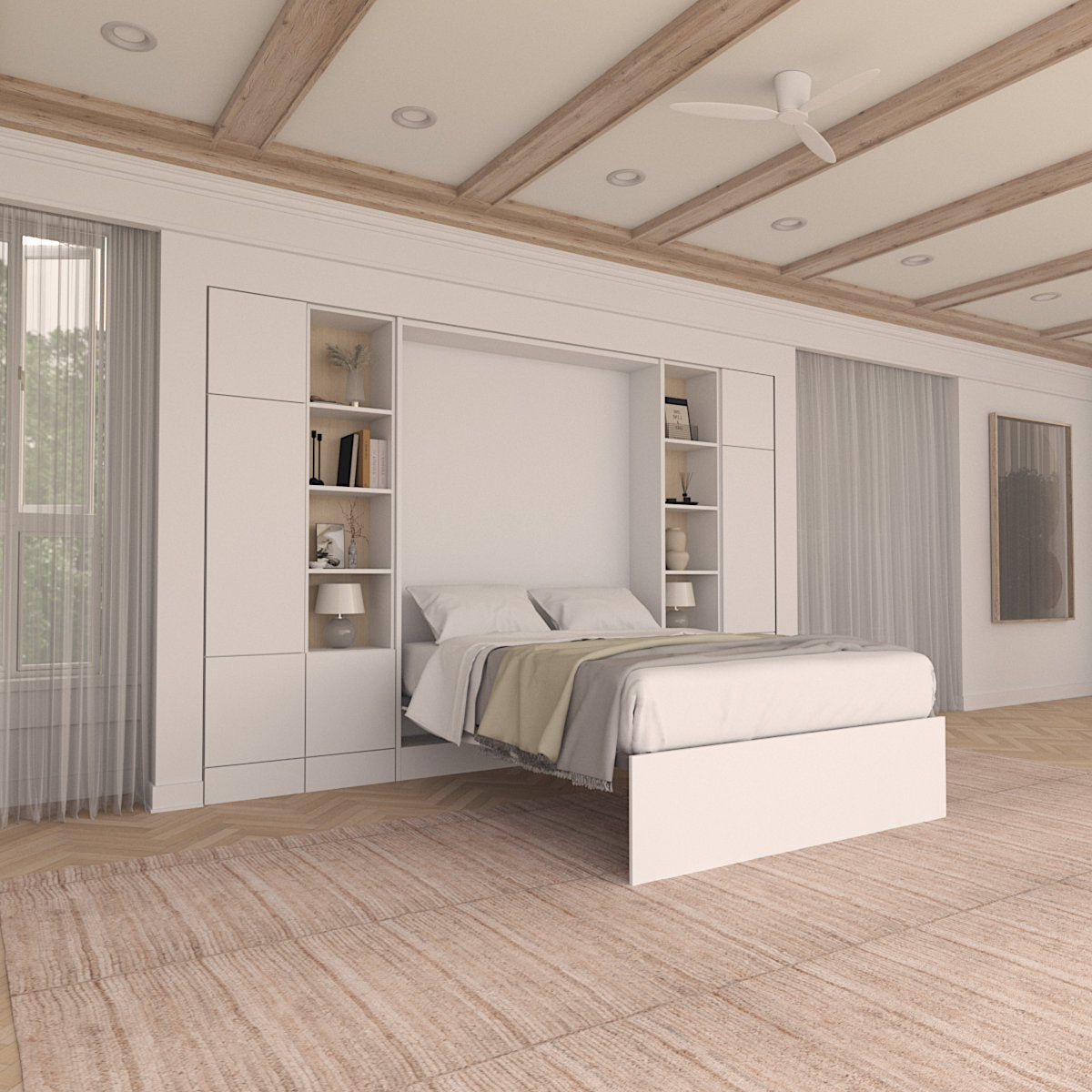 White space saving murphy bed opened showing unique face panel leg rest