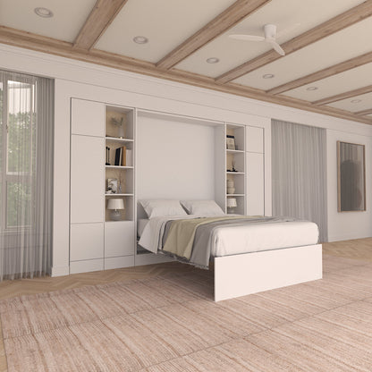 White space saving murphy bed opened showing unique face panel leg rest