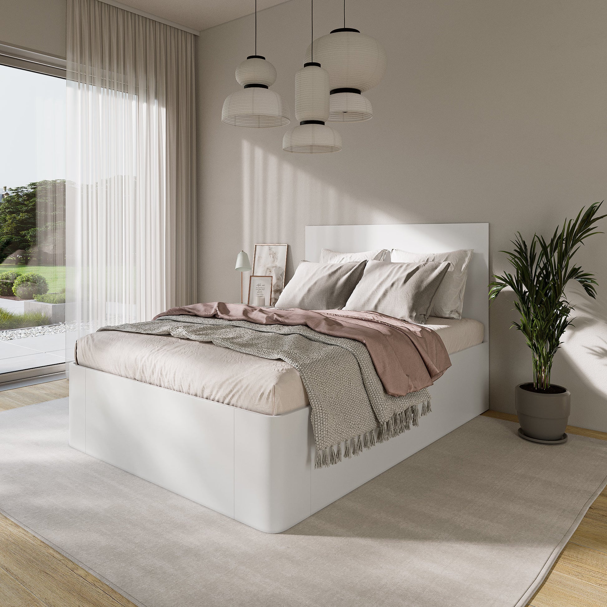 Modern bedroom with a white lift storage bed, pink blanket, and green plant.