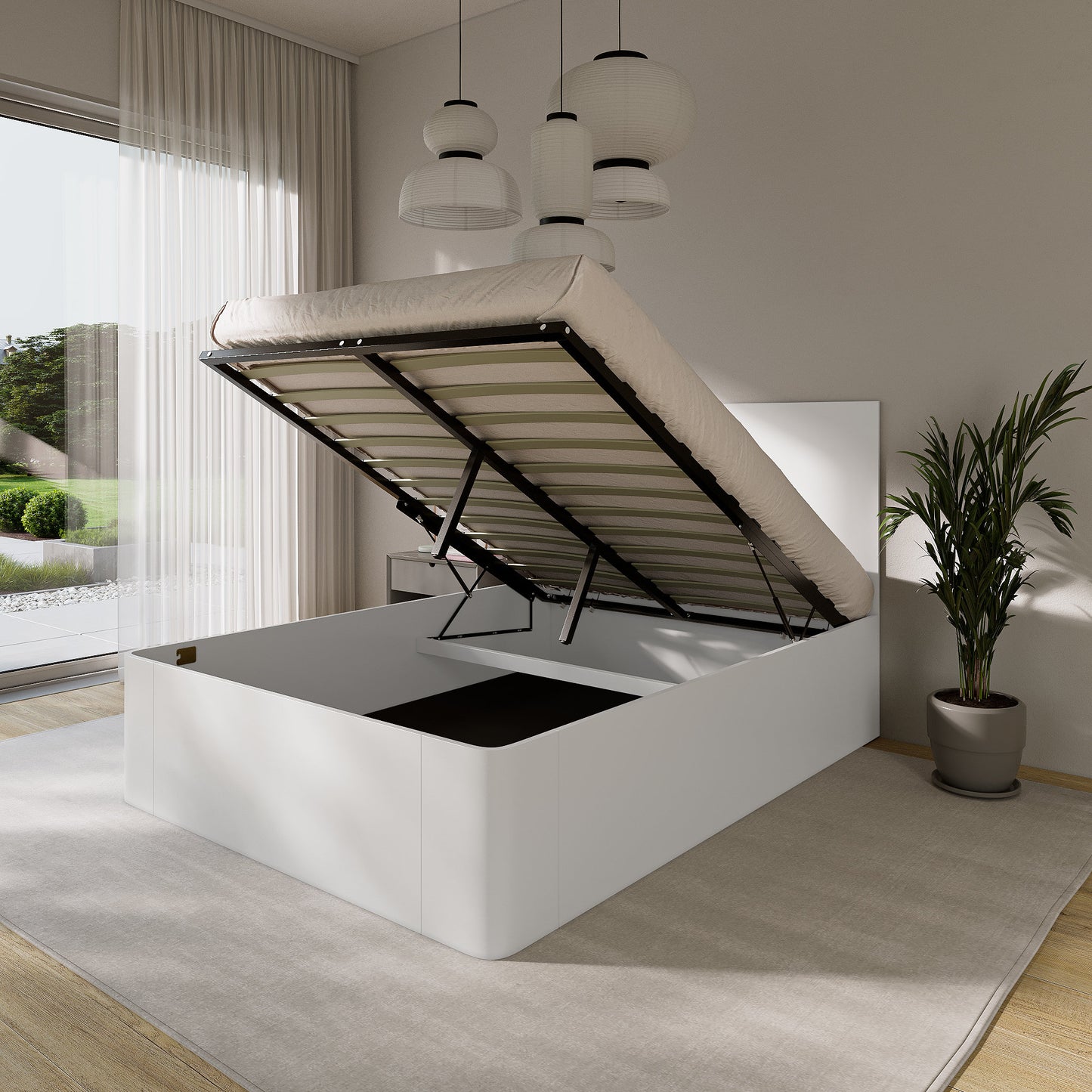 Modern bedroom with a white curved wood bed frame with storage compartments.