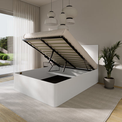 Modern bedroom with a white curved wood bed frame with storage compartments.