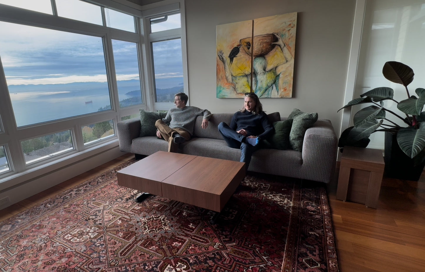 Wood Walnut Box coffee table compacted away in living room