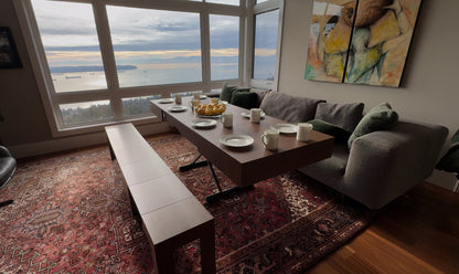 Wood walnut box coffee table as a dinner table converted from smaller coffee table