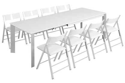 abode in white gloss with 8 nano chairs in white around it