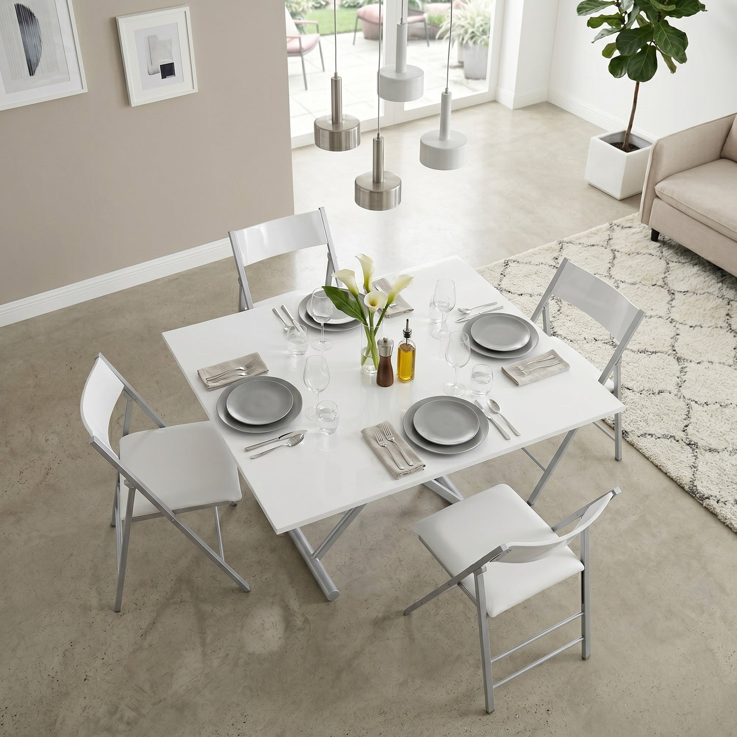 Modern Alzare dining set with white table and chairs in a bright room. | Glossy White