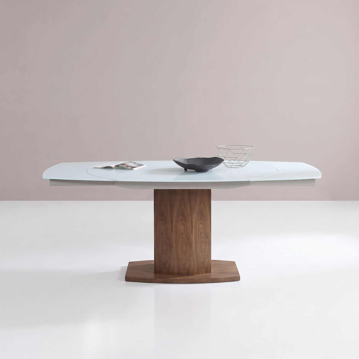Baobab extending wide oval table glass with walnut by Expand Furniture