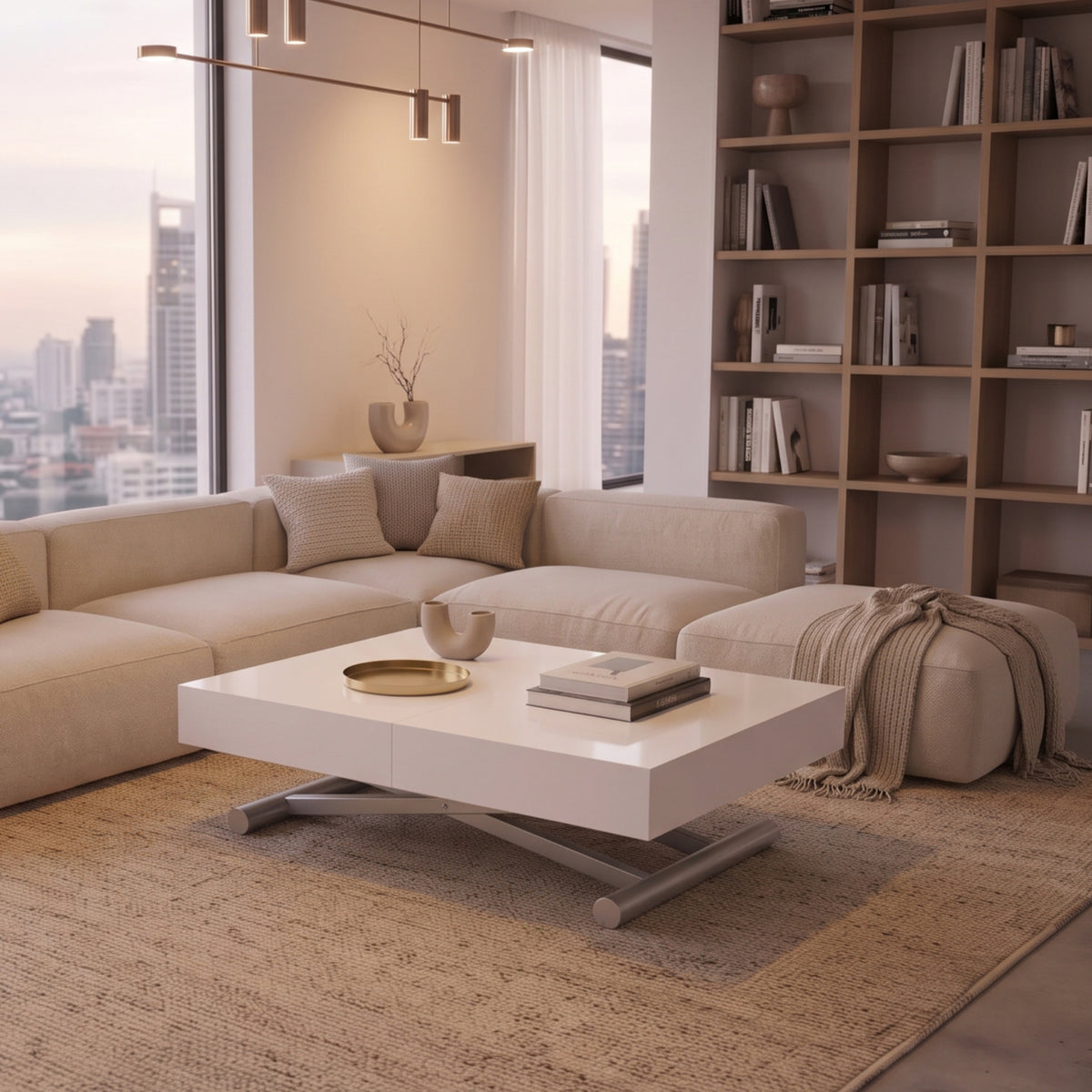 box coffee to dinner table lowered in front of a sofa | Glossy white