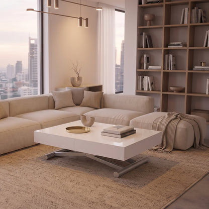 box coffee to dinner table lowered in front of a sofa | Glossy white