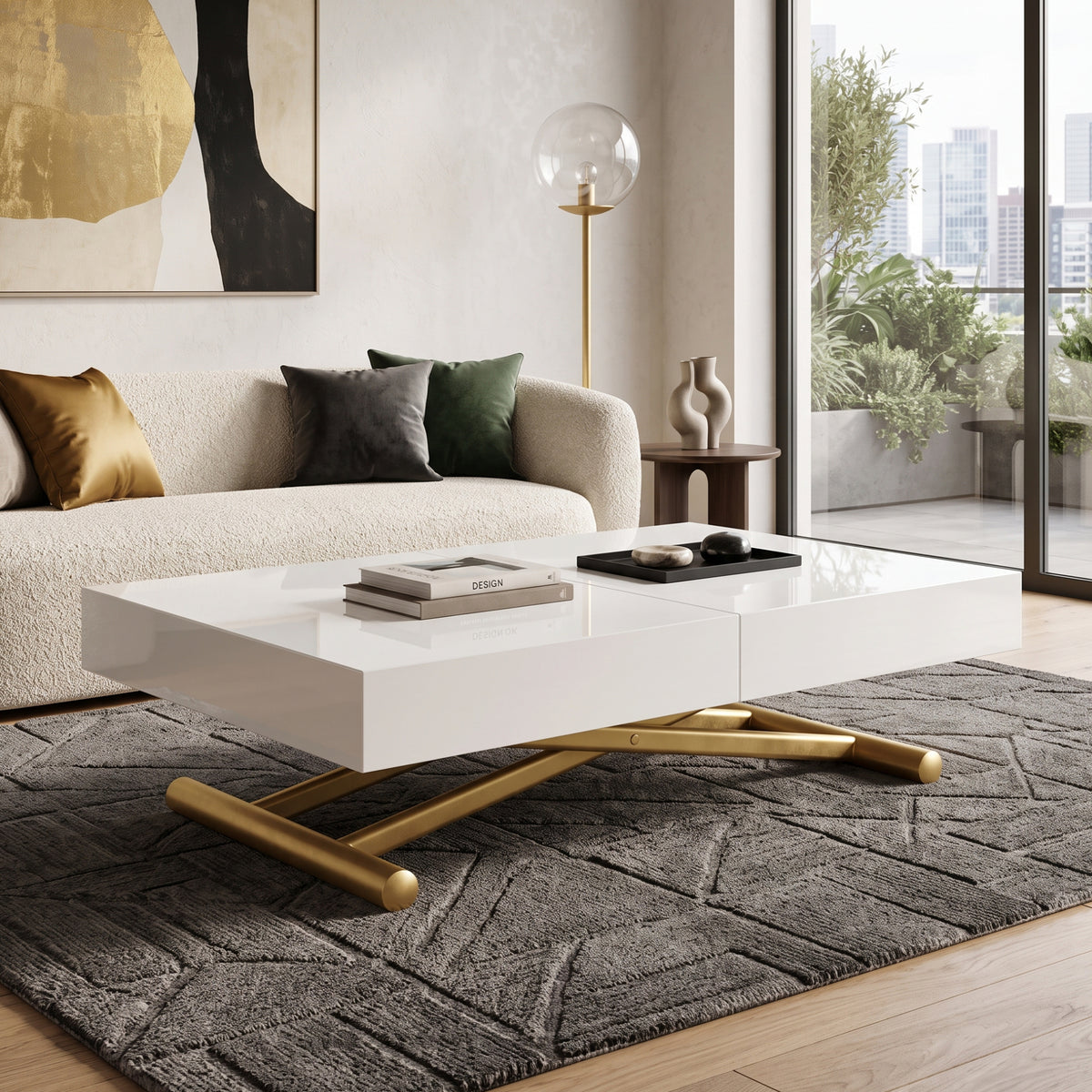 Low Profile Box Coffee Transforming Height adjustable extending coffee to dinner table | Gloss White - Satin Gold