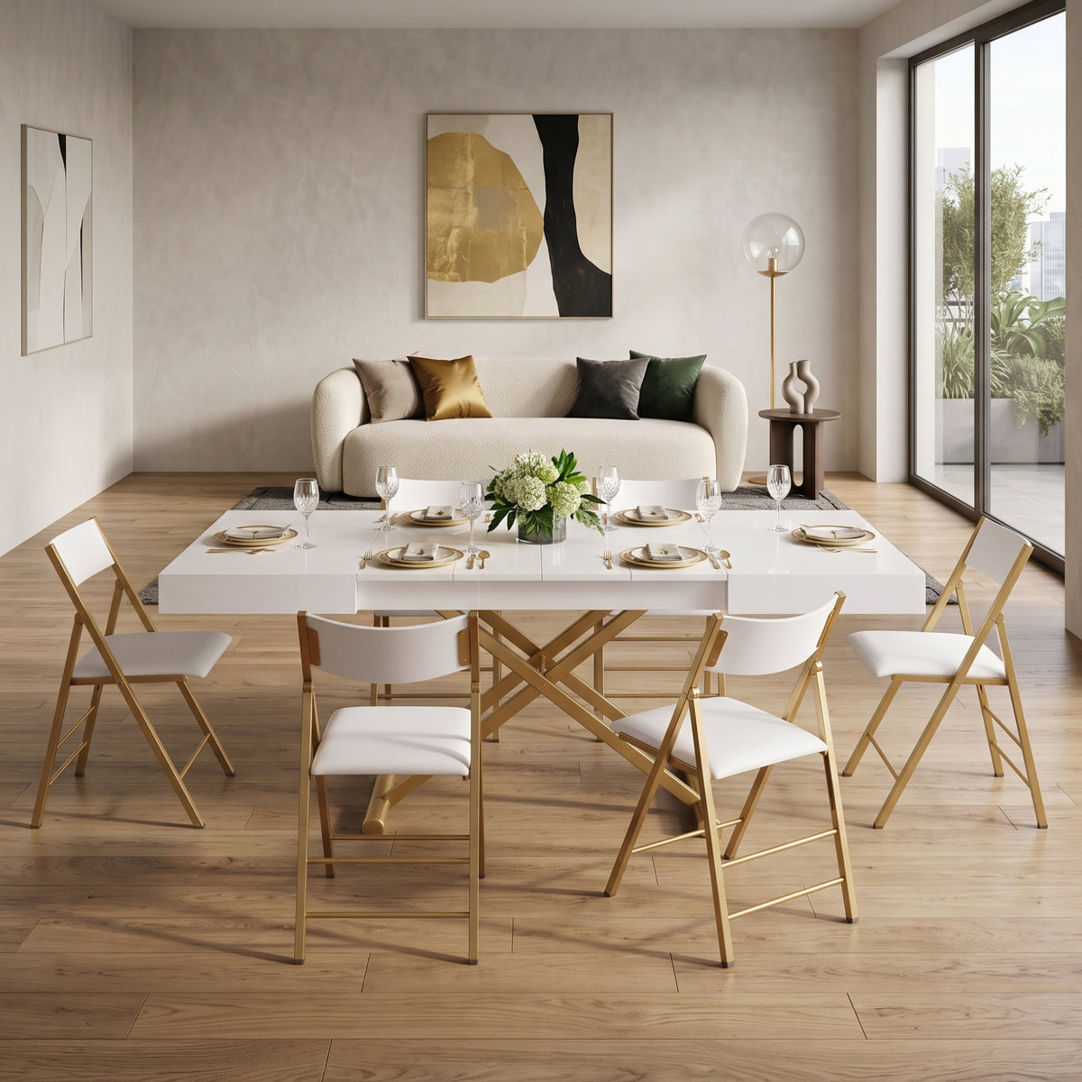 Box Coffee transformed into dinner table with built in extensions | Gloss White - Satin Gold