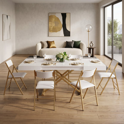 Box Coffee transformed into dinner table with built in extensions | Gloss White - Satin Gold
