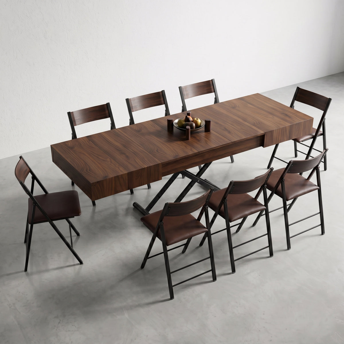 Box Coffee to dining table height adjustable with 8 nano chairs | Chocolate Walnut