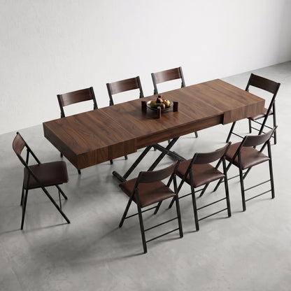 Box Coffee to dining table height adjustable with 8 nano chairs | Chocolate Walnut