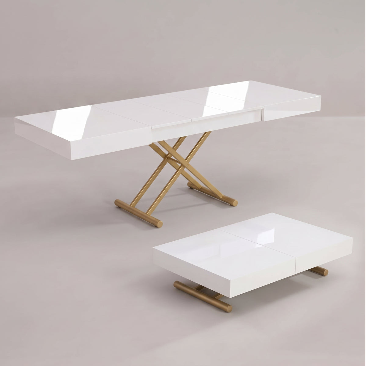 Box Coffee Transforming Height adjustable extending coffee to dinner table | Gloss White - Satin Gold