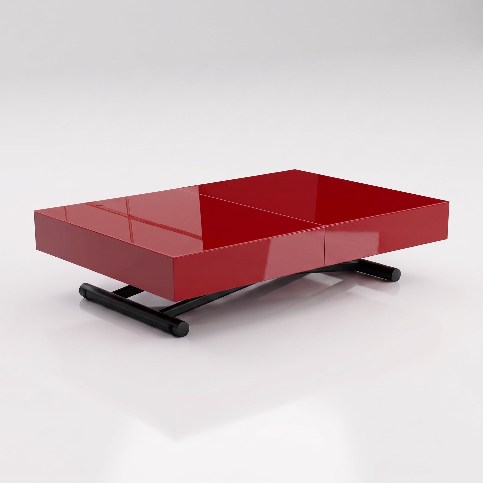 Low profile compact box coffee table lifts and expands to seat 10 | Red Glass