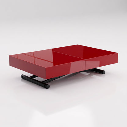 Low profile compact box coffee table lifts and expands to seat 10 | Red Glass