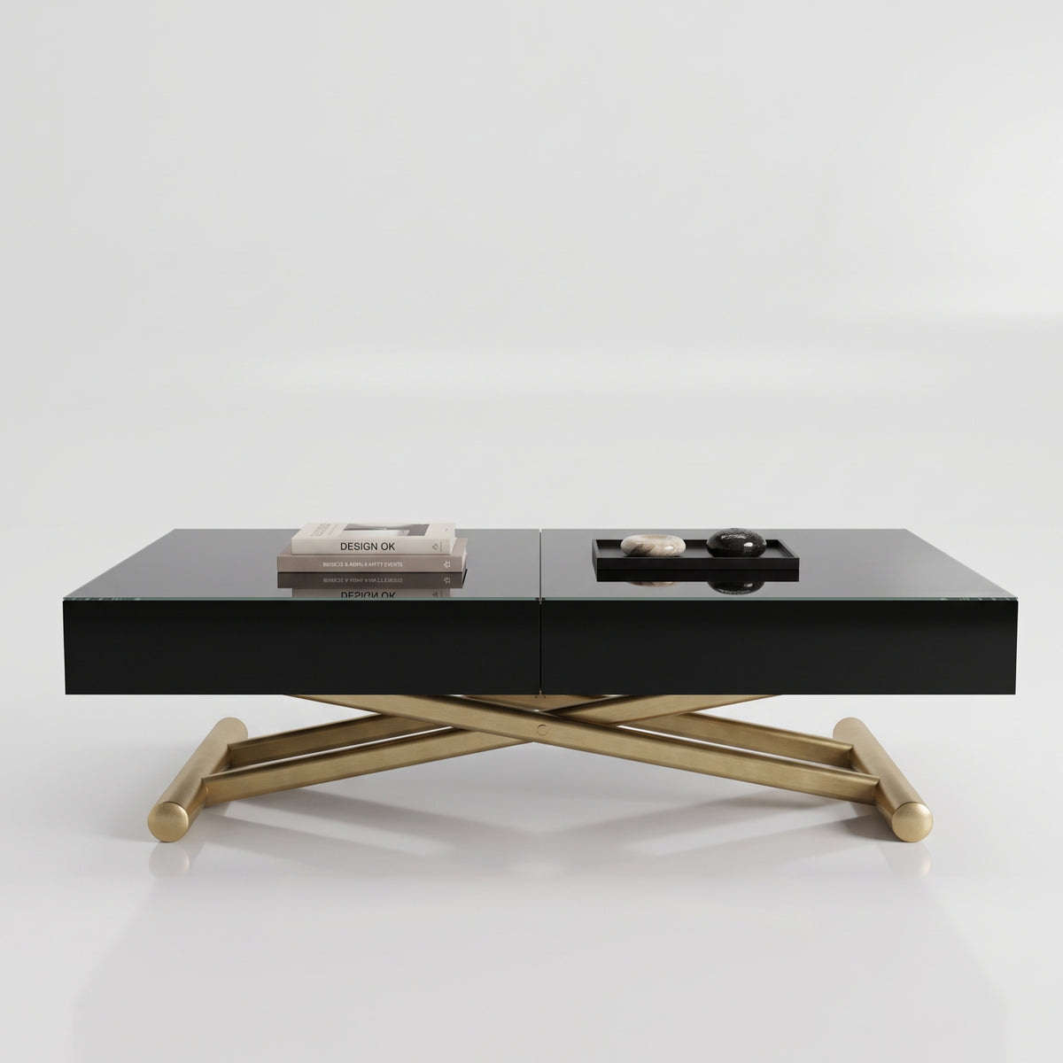 low profile glass box coffee height transforming extending table | Black Glass - Jade Gold