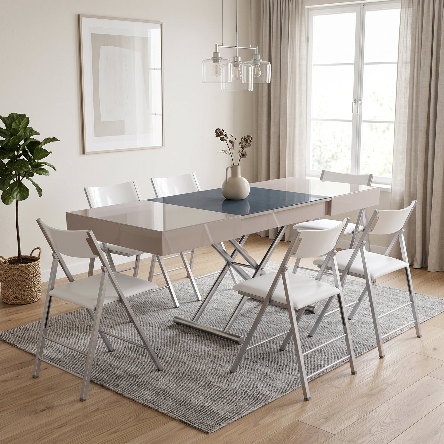 Glass box coffee convertible expanding dinner table in mocha grey glass with metal legs | Mocha Light Grey Glass