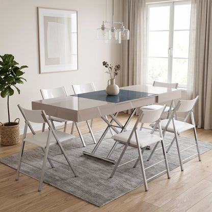 Glass box coffee convertible expanding dinner table in mocha grey glass with metal legs | Mocha Light Grey Glass