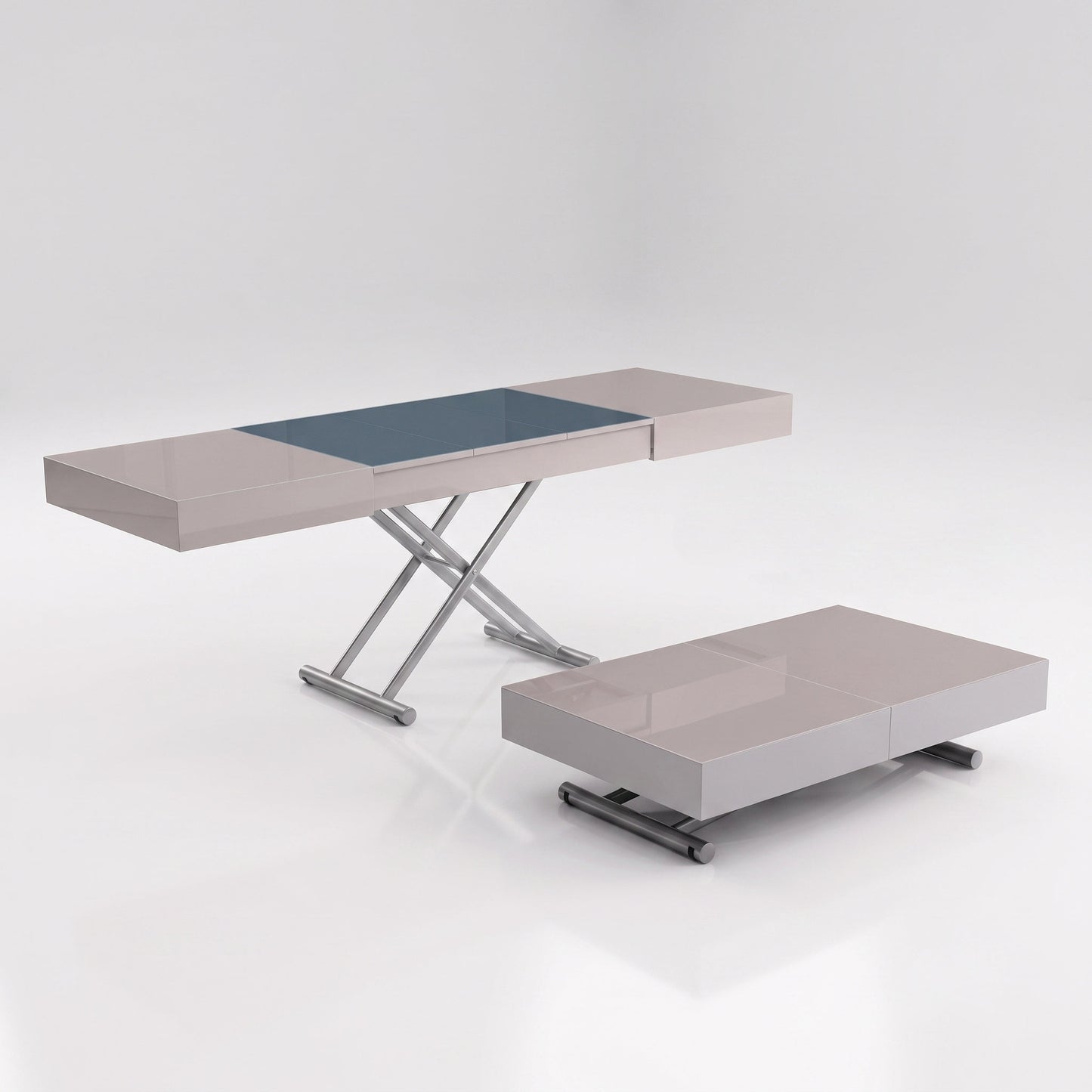 Glass box coffee table in low and expanded forms | Mocha Light Grey Glass
