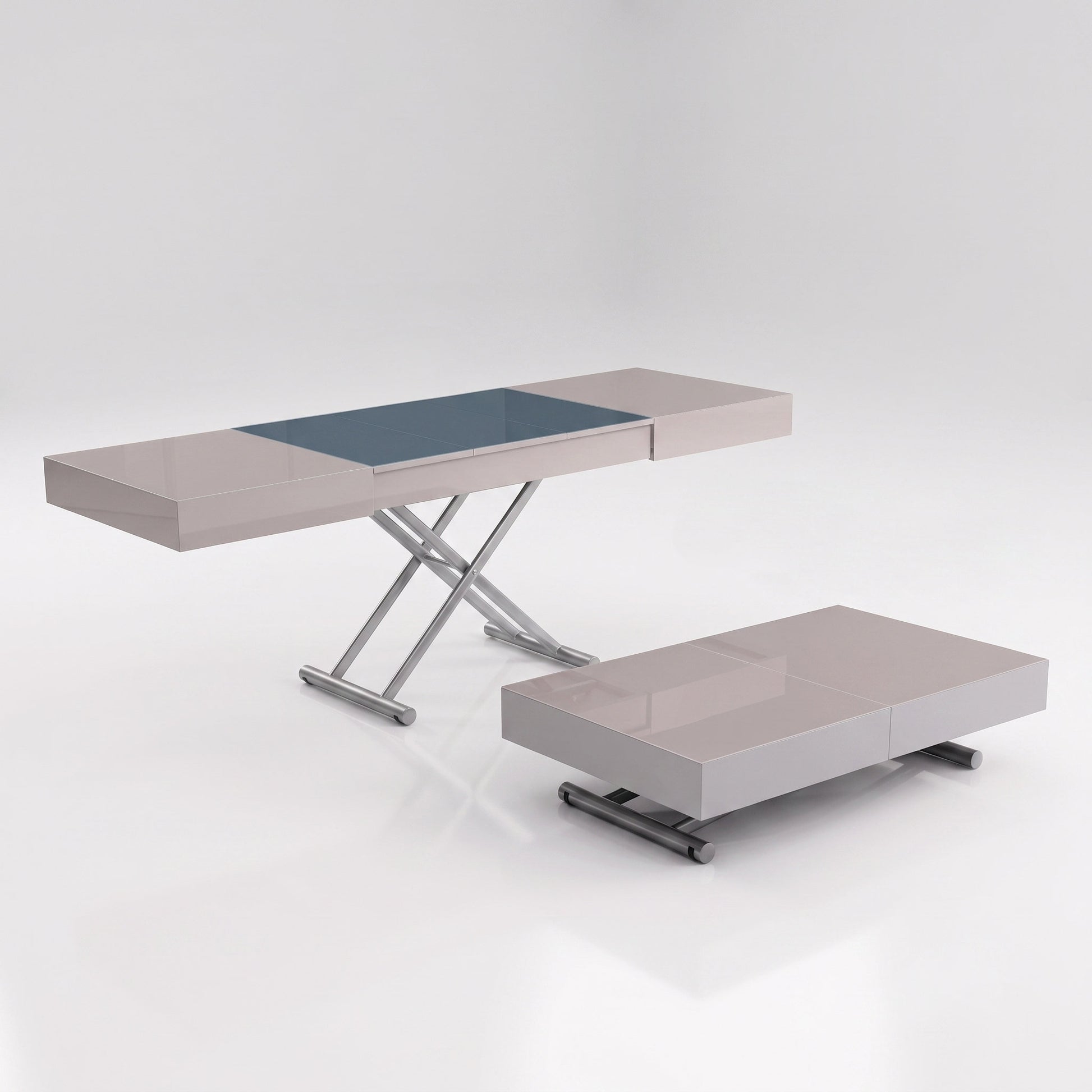Glass box coffee table in low and expanded forms | Mocha Light Grey Glass