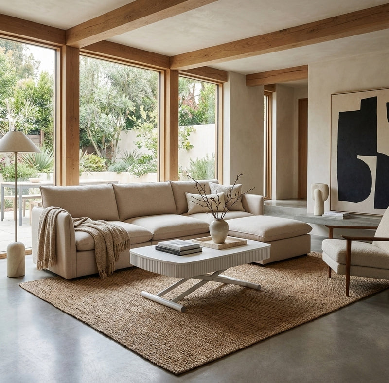 White fluted box coffee curve transforming table with mosaic sectional sofa | Wood White