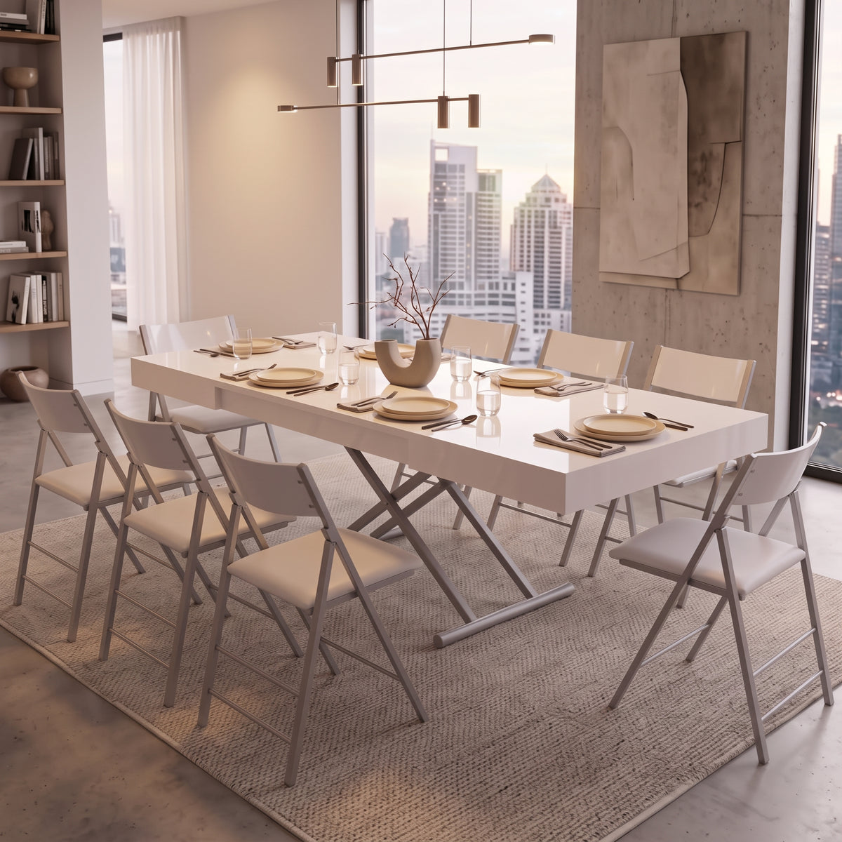 box coffee height raised and extended to dining table with 8 nano chairs | Glossy white