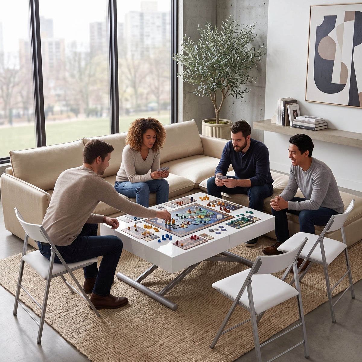 mosaic sofa and box coffee raised to board game height | Glossy White