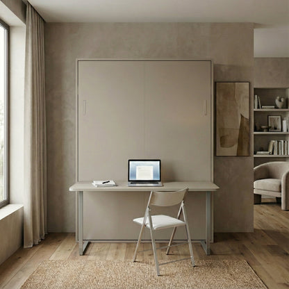 Queen Panel Murphy Bed compacted as desk paired with Nano Chair | Dune