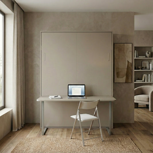 Queen Panel Murphy Bed compacted as desk paired with Nano Chair | Dune