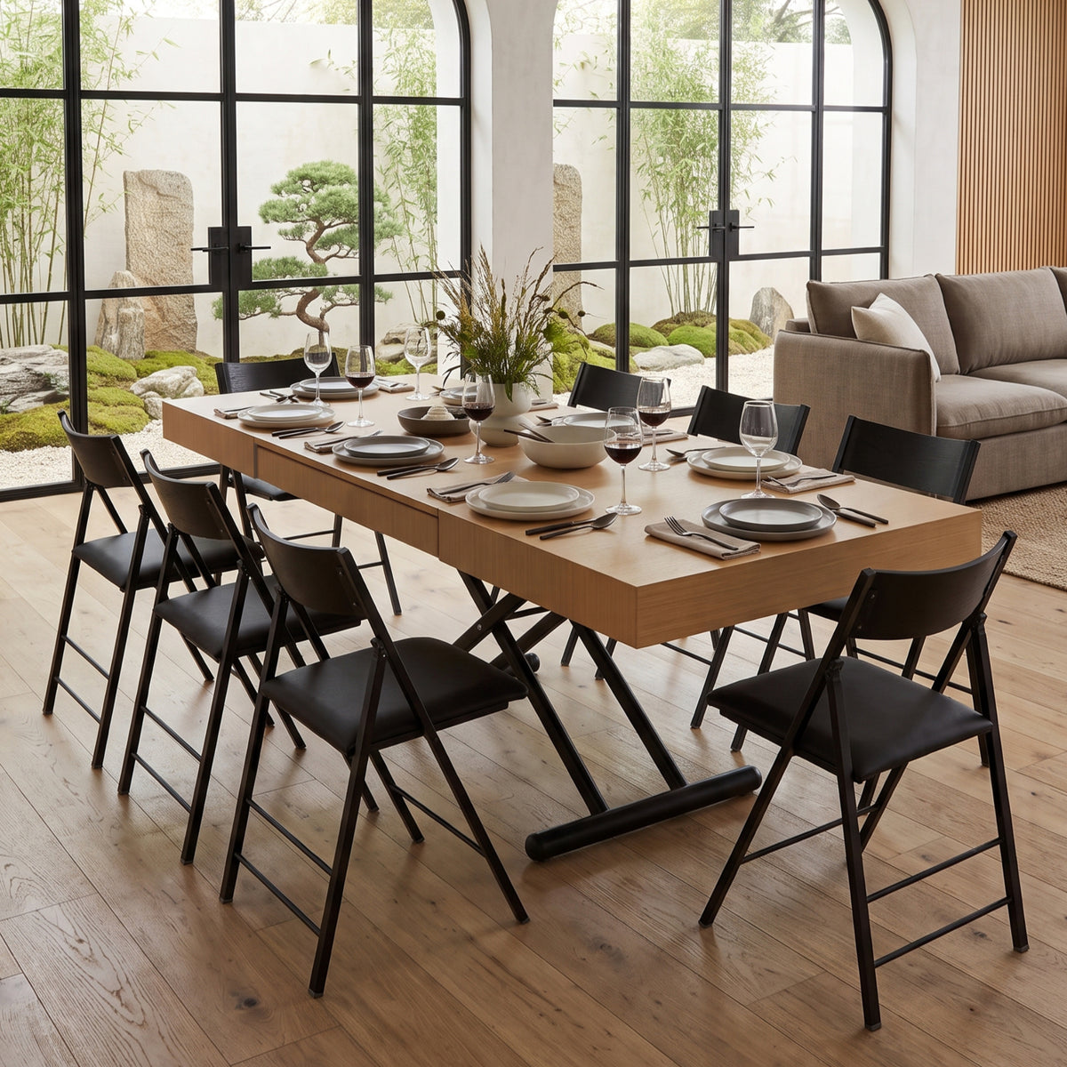 Height adjustable box coffee to dinner table extended with 8 nano chairs - Expand Furniture | Pecan