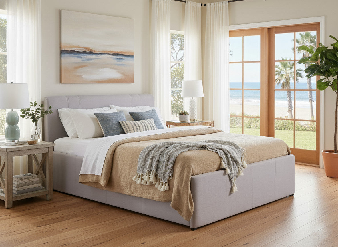 Reveal Bed in Grey has removable headboard and extra large storage inside accessible by lifting