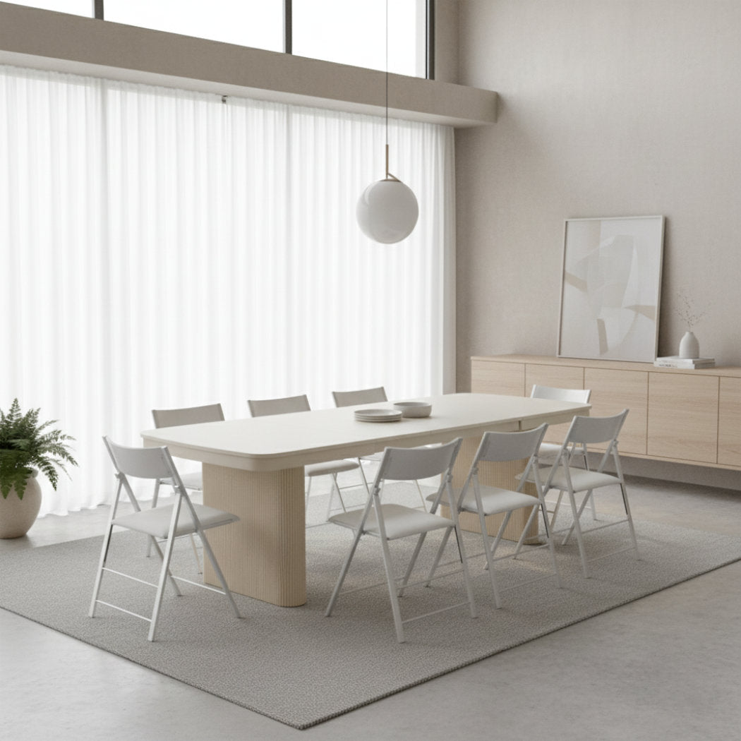 beautiful modern curved dining set - riveni fluted table in sand