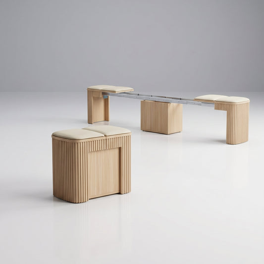 Scatola Curve bench with storage extends and seats 5 | Satin Oak