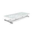 Transforming Table Evolved - Coffee to dining table - White glass with chrome legs in lowered adjustable height