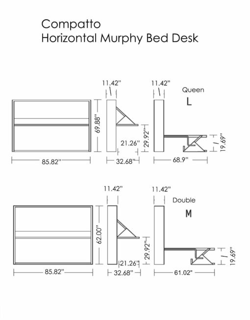Compatto horizontal wall bed desk dimensions