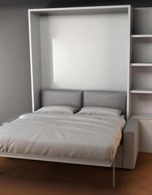 MurphySofa-Clean-wall-bed-open-with-60cm-side-shelving-in-gloss-white