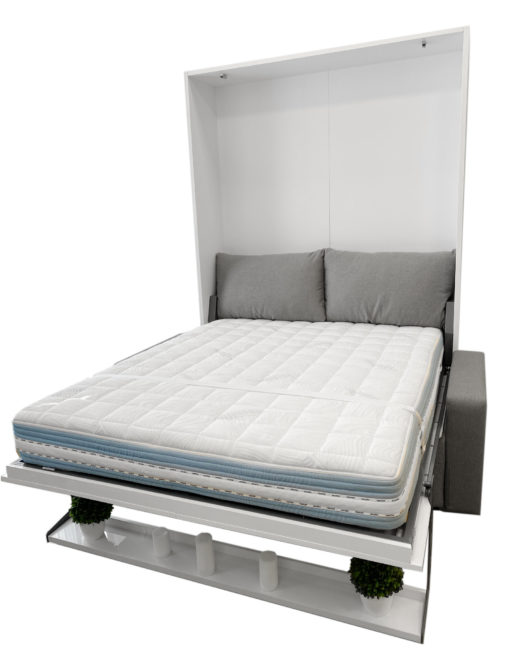 MurphySofa Float Clean grey sofa with white gloss wall bed and shelf on front open in bed form