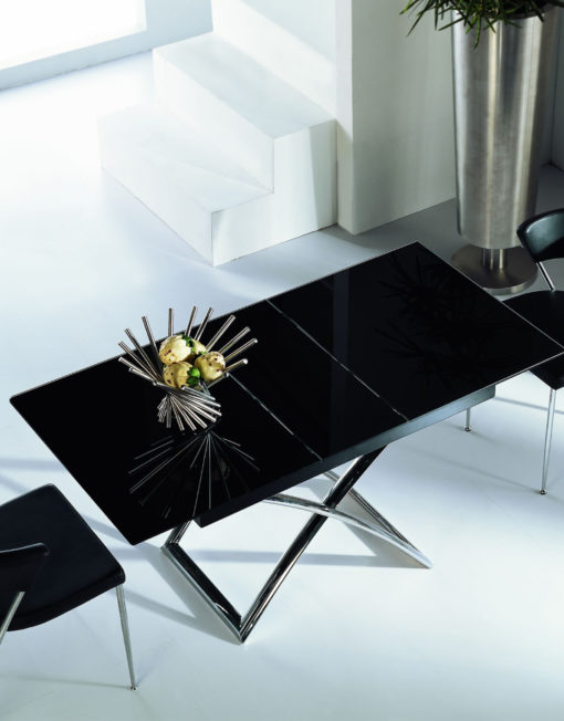 Obsidian black glass coffee to dinner table with chrome metal legs