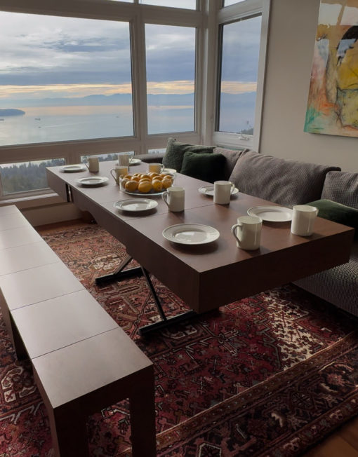 Wood walnut box coffee table as a dinner table converted from smaller coffee table