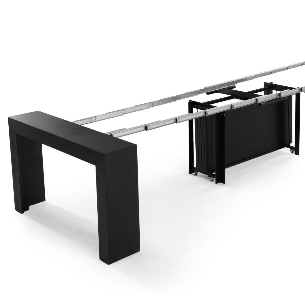 Tiny Titan V3 black wood extending kitchen table opened showing table storage