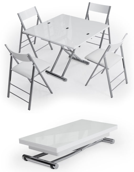 Tr4 Transforming Table convertible coffee to dinner table set with 4 chairs in glossy white