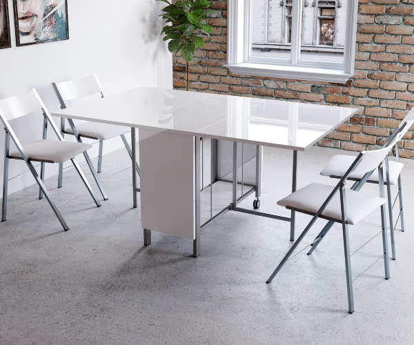 Trojan Table hides 4 chairs inside and expands with folding extension leaves - white gloss space saver