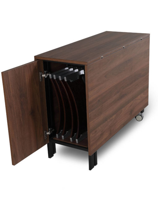 Trojan-table-in-chocolate-walnut-panel-with-storage-inside-for-chairs-and-extensions-leaves