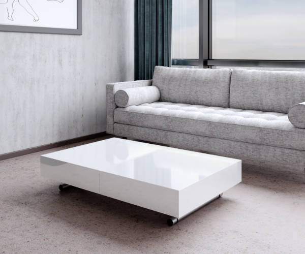 Compact box coffee table in glossy white convertible coffee dinner table lowered